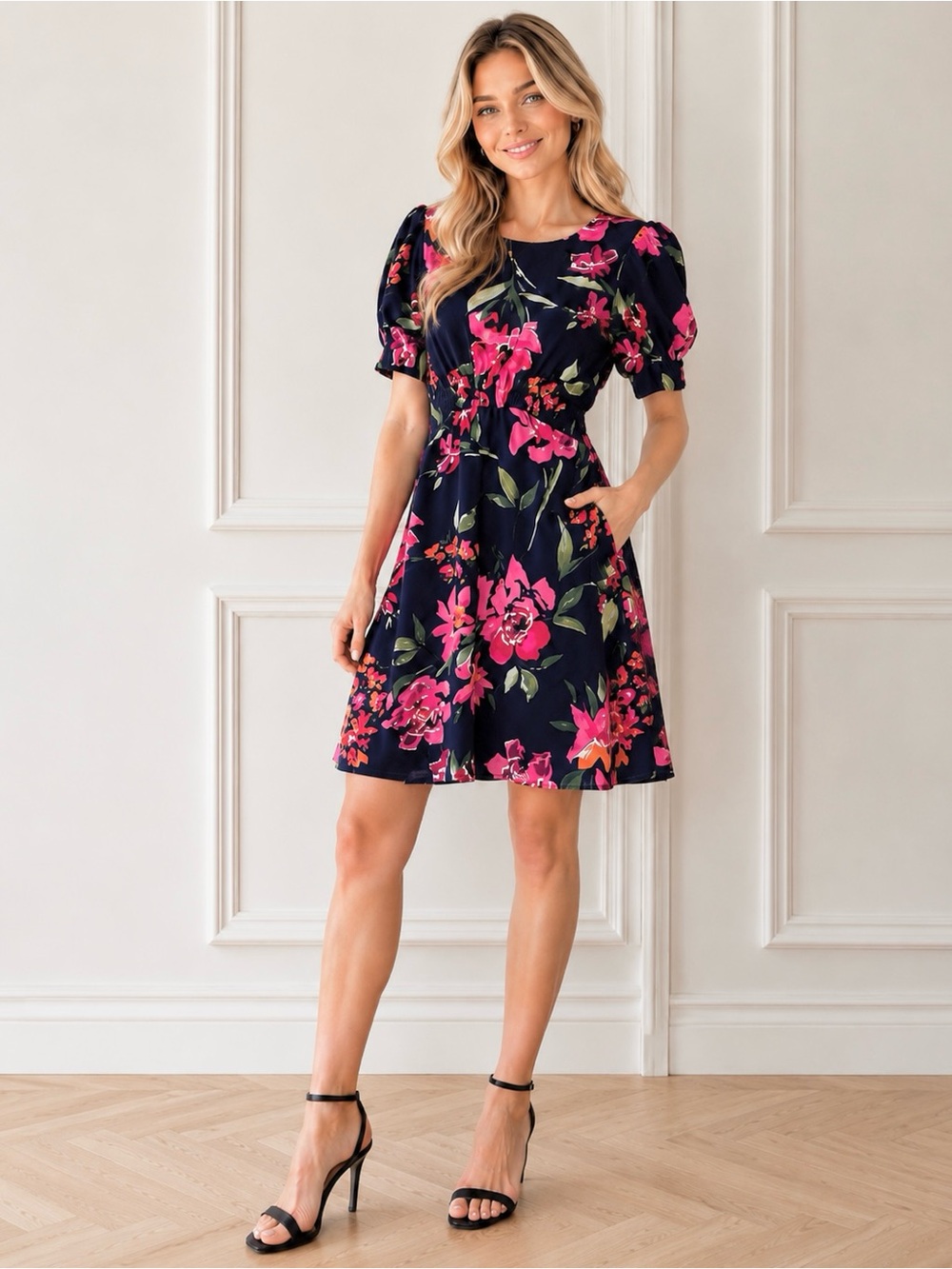 VINCE CAMUTO Floral Crepe Dress Short Puff Sleeve A-Line Crew Neck Elastic Waist